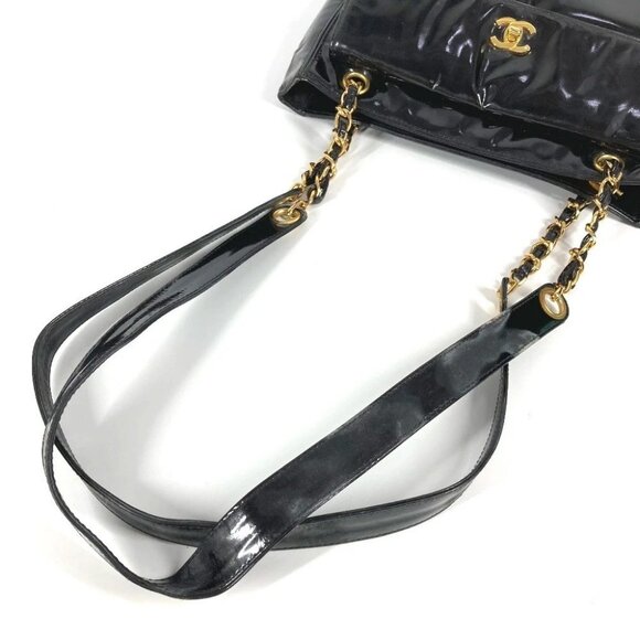 CHANEL A08036 CC CC Mark logo Tote Bag Chain Shoulder Bag enamel Black/Gold - Picture 4 of 16